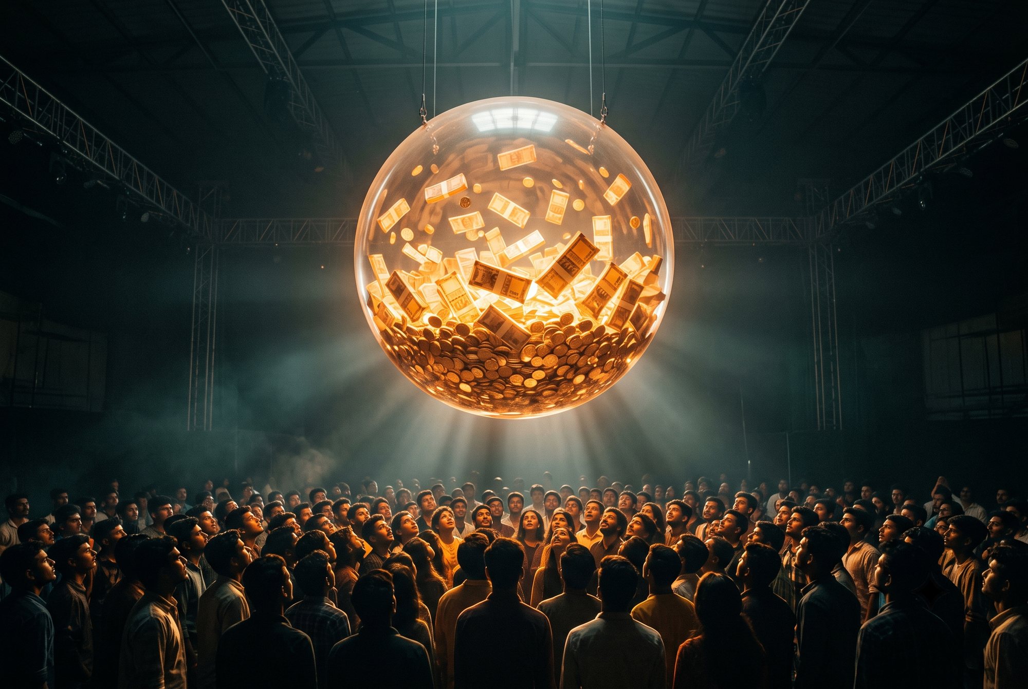 Transparent glass sphere filled with gold cash and coins, hanging above a crowd looking up in a dark arena
